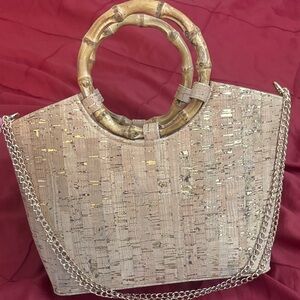 Woven Cork Tote Bag with Bamboo Handles - Natural